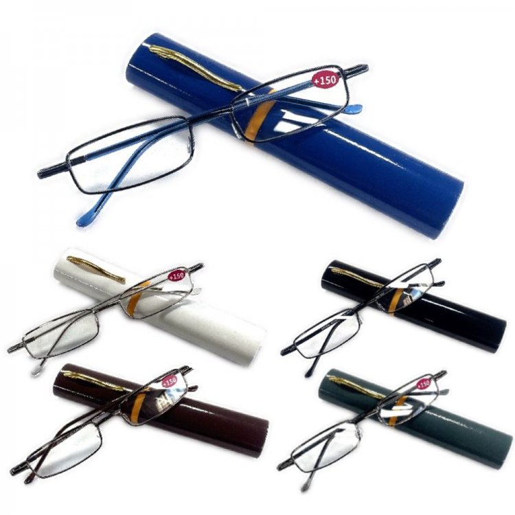 Spring Temple Reading Glasses with Pen Clip Metal Case R9098